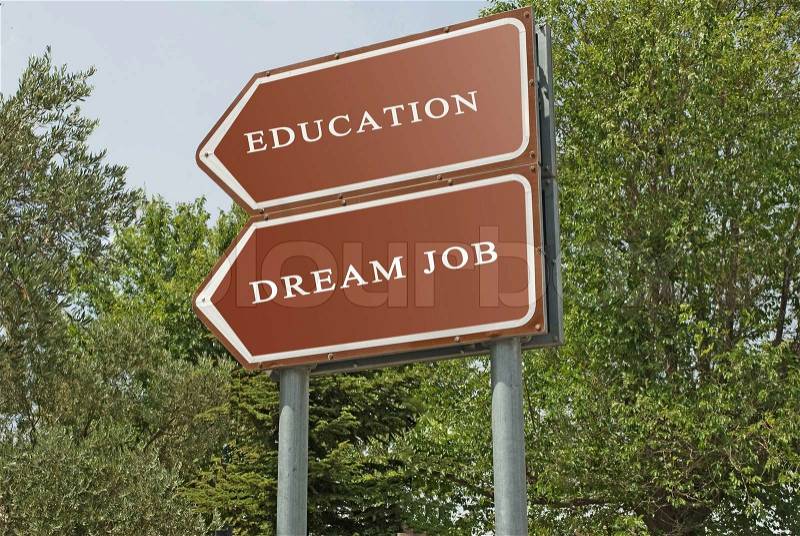 Road sign to eduacation and good job, stock photo