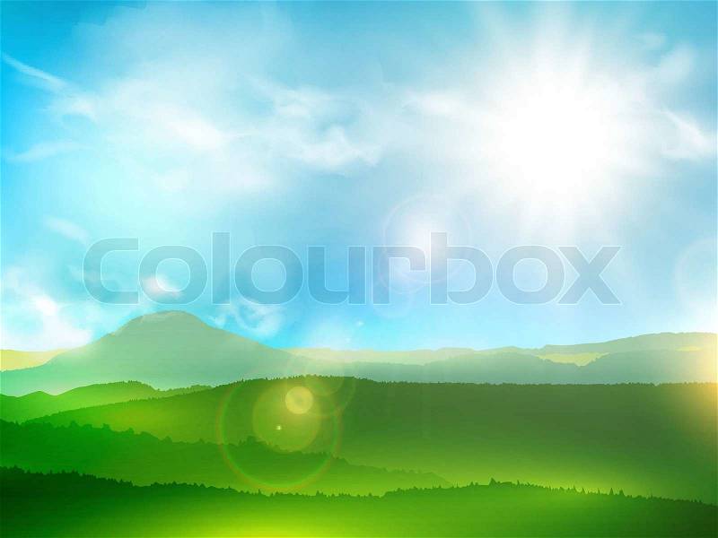 Abstract Mountain Landscape With Sun Shine and Blue Sky, vector