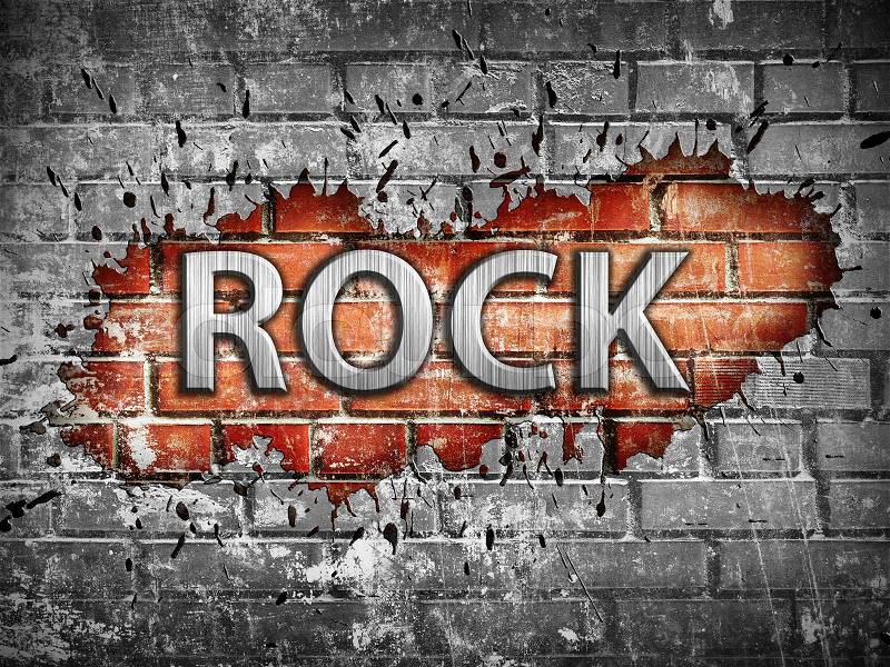 Grunge rock music poster on red brick wall, stock photo