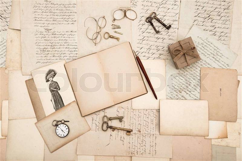 Antique accessories, old letters and fashion drawing, stock photo