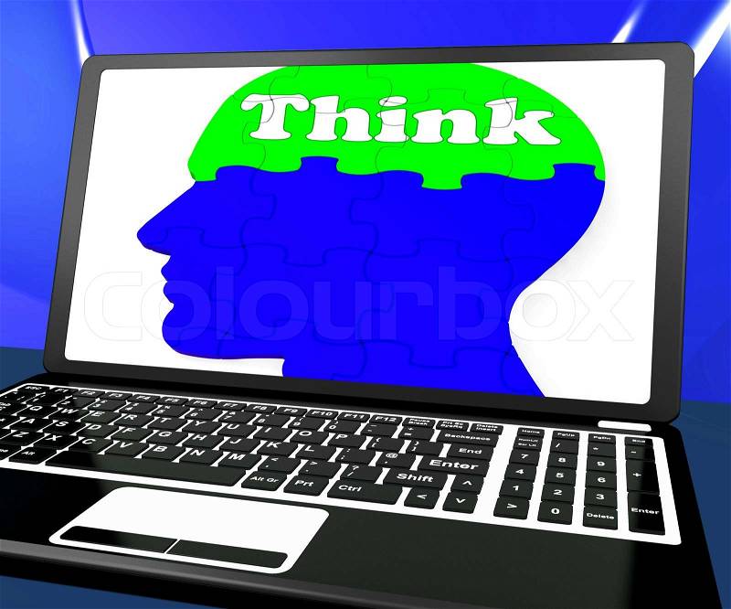 Think On Brain On Laptop Shows Solving Problems Online, stock photo