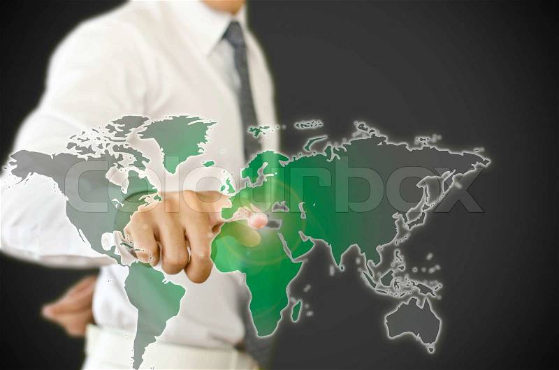 Business man pressing to change black world to green world, stock photo