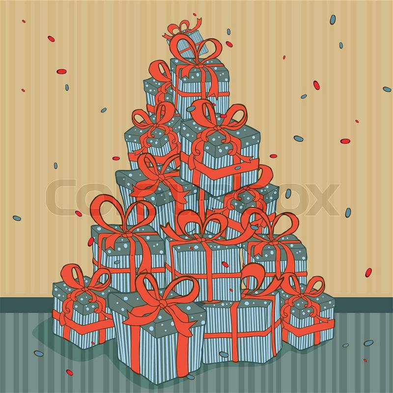 Christmas tree background made of present gift boxes pile 