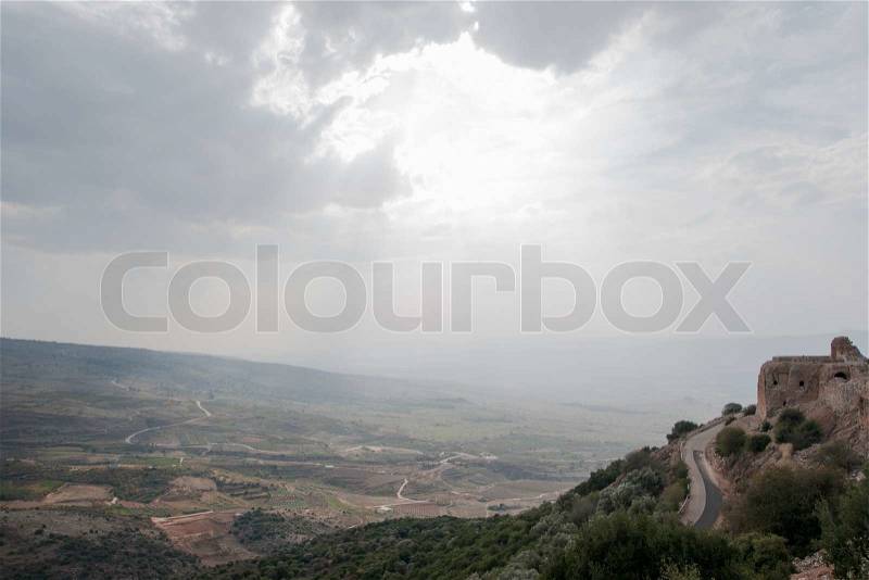 Israeli landscape with castle and sky, stock photo