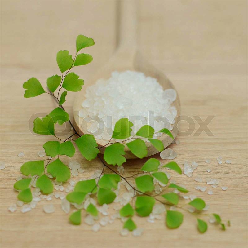 Spa Concept - Bath Salt and Green Leaves on Background, stock photo