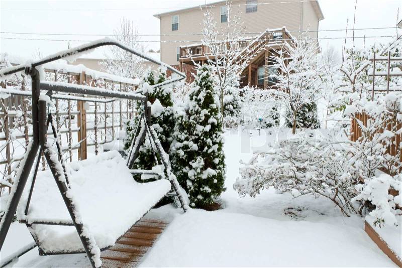 Snow at backyard, stock photo