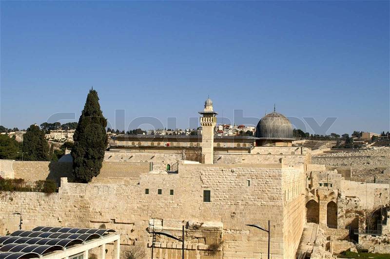Al Aqsa mosque and minaret - islam in a holy land, stock photo