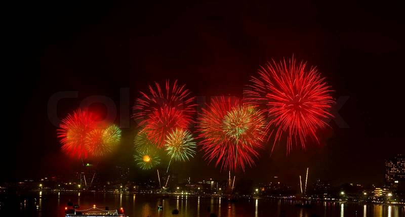 Night view of the fireworks at Pattaya city Chonburi, Thailand, stock photo