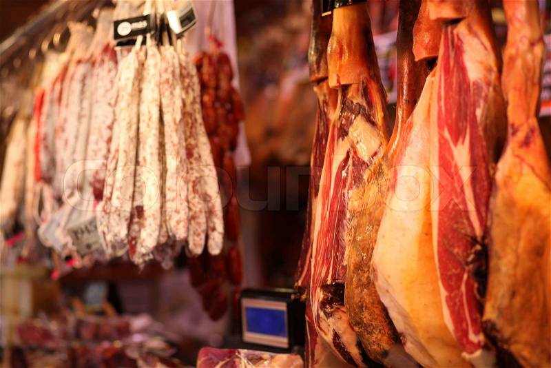 Meat counter in La Boqueria Market, Barcelona, Spain, stock photo