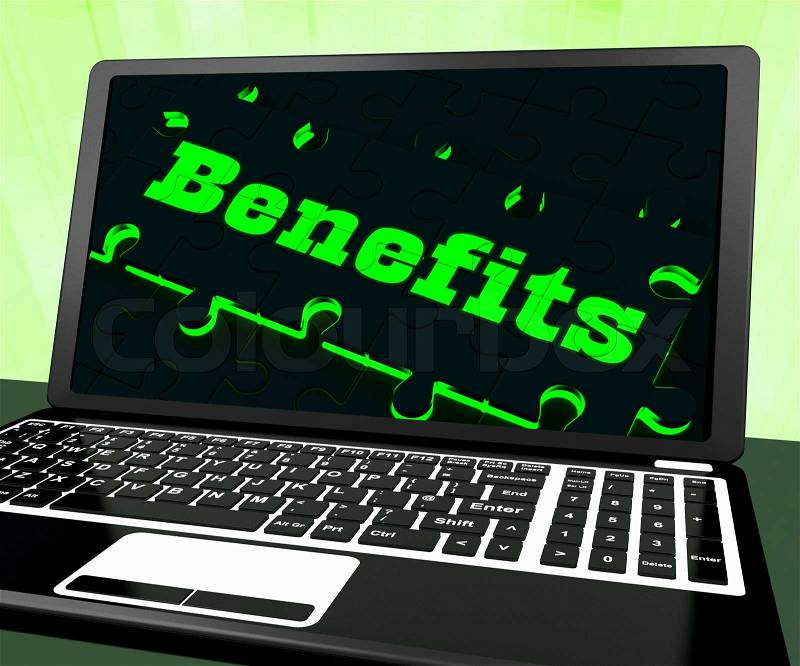 Benefits On Laptop Showing Monetary Compensations, stock photo