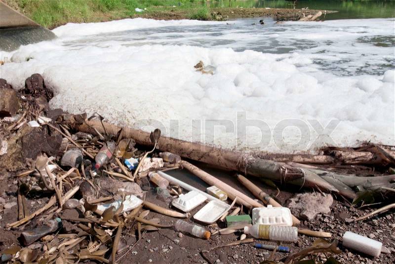 Water pollution in river because industrial not treat water before drain, stock photo