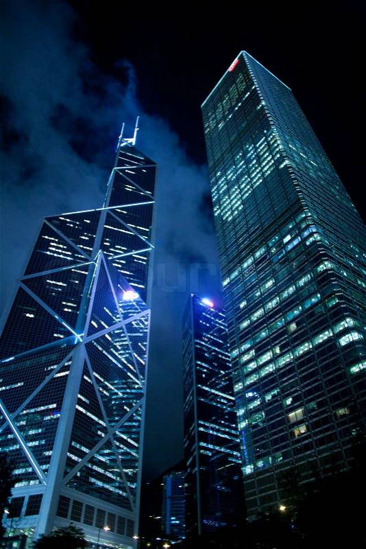 Hong Kong at night, view from below, stock photo