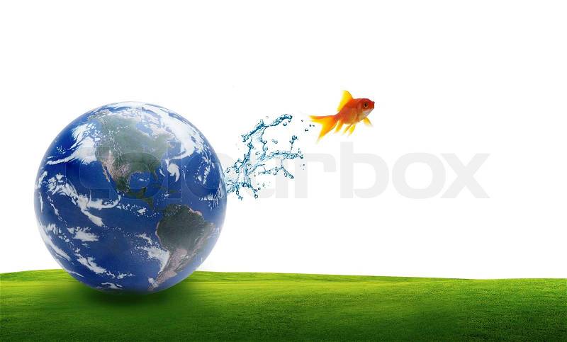Gold fish jumpping out side the world, stock photo