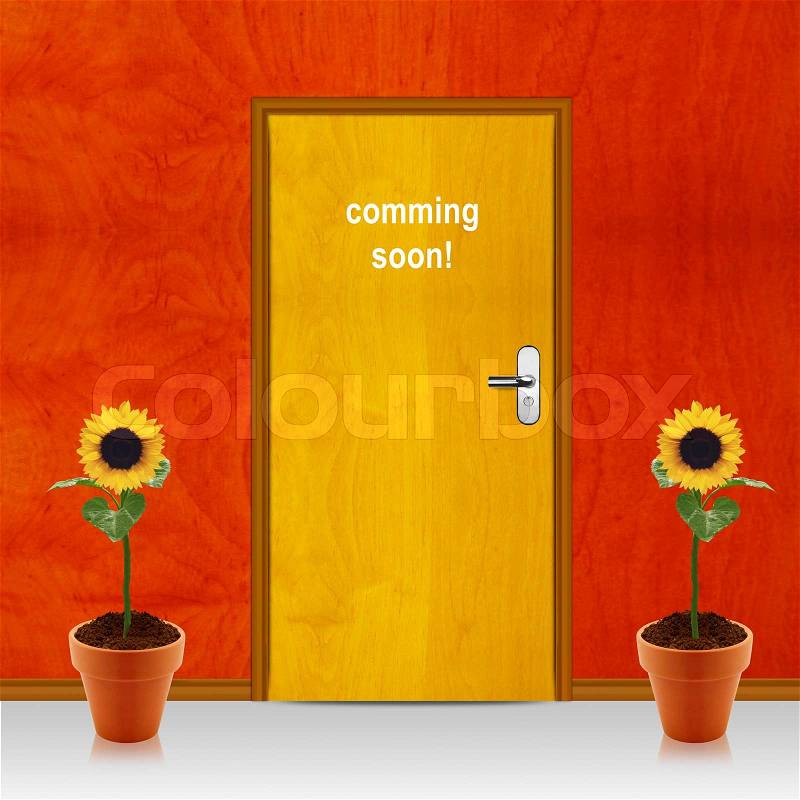 Closed door with coming soon mesage, stock photo
