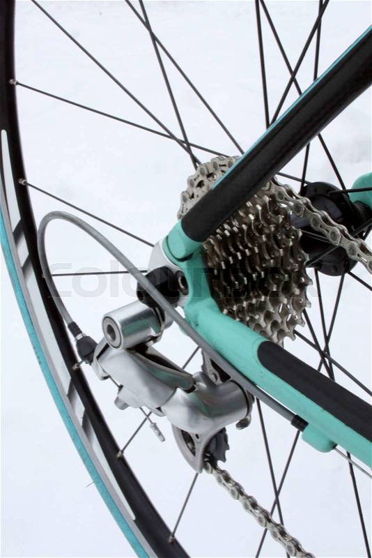 Road bike rear wheel and gears, stock photo