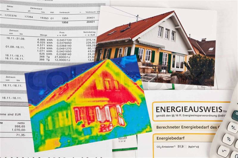 Save energy house with thermal imaging camera, stock photo
