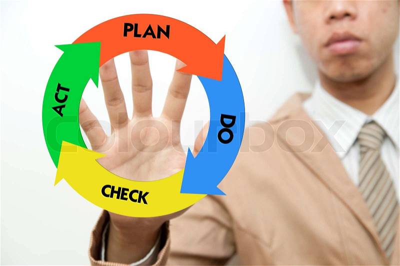 Young business man drawing business quality management cycle, stock photo