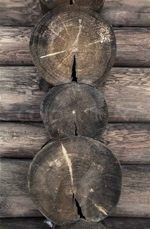 Old logs with nice round pattern in ancient building wall, stock photo