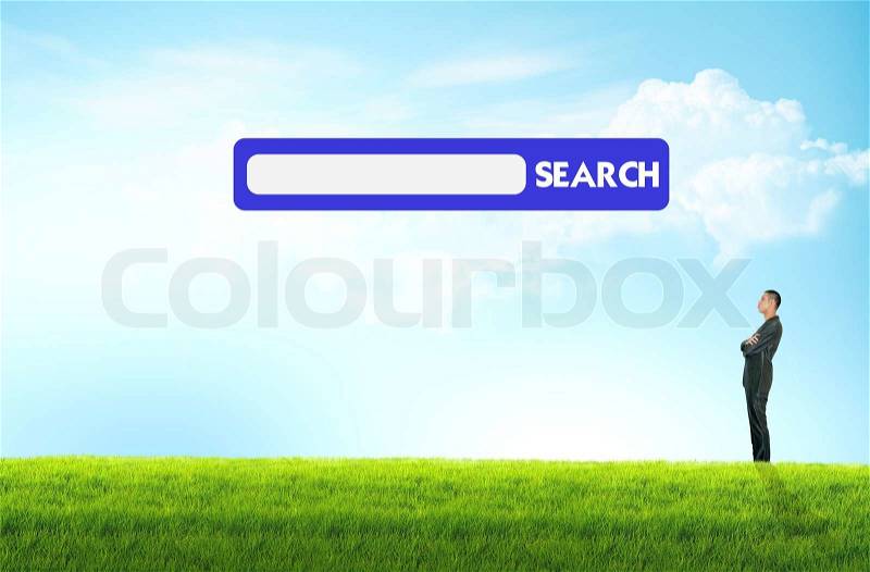 Business man stand on green field with search interface, stock photo