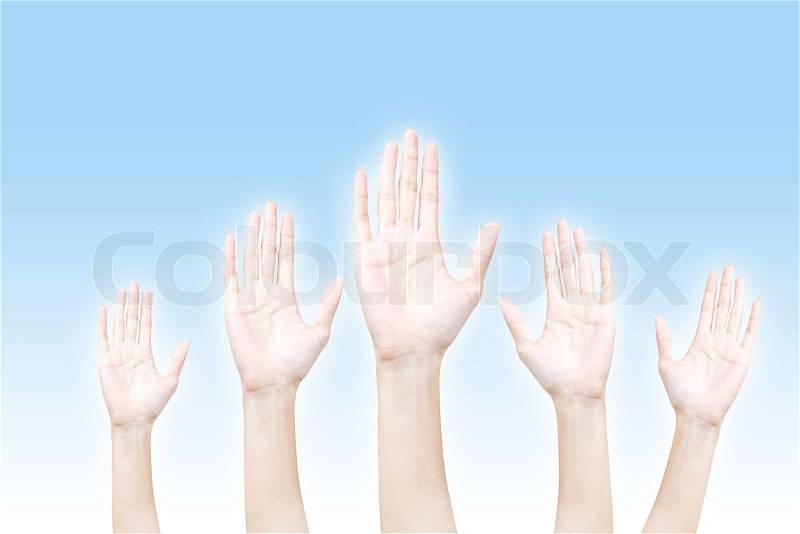 Hand, raised hand up isolated on white, stock photo