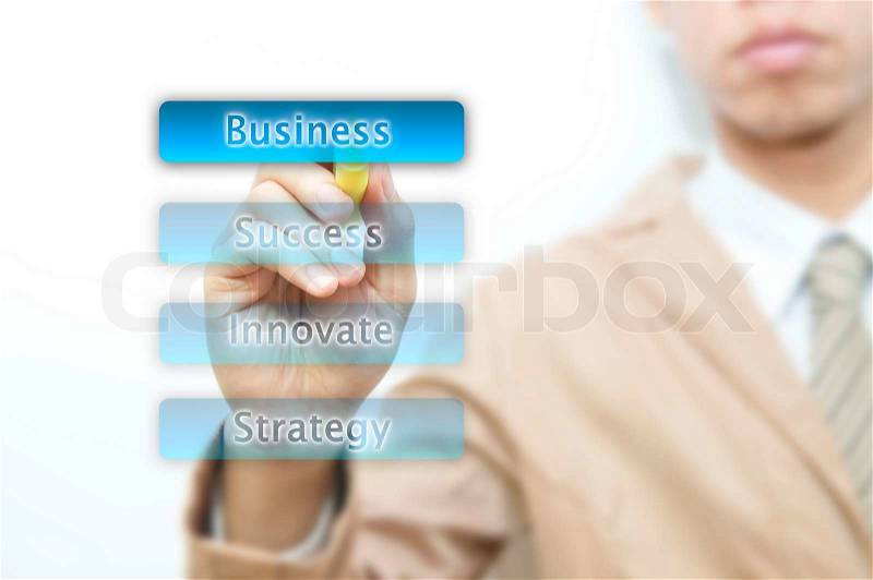 Young business man writing business word on the transparent screen, stock photo