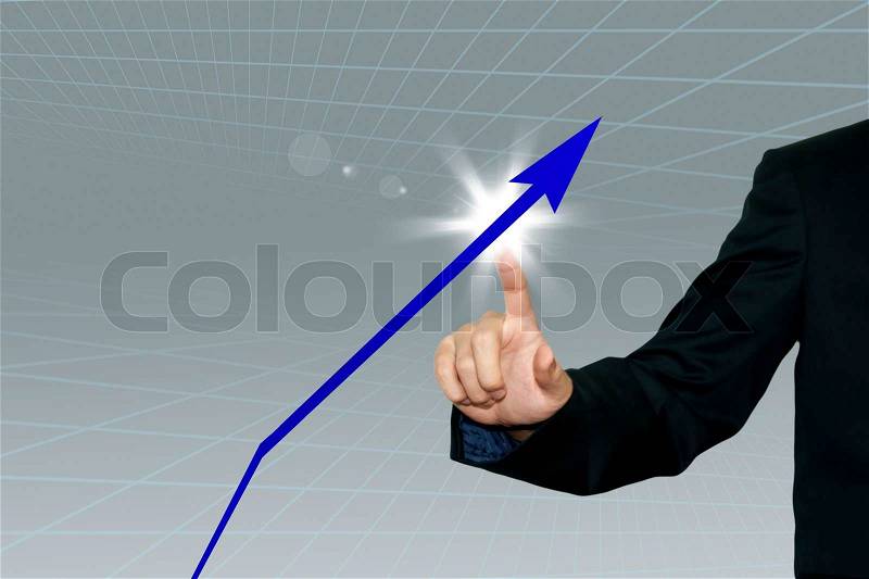 Business man pointing a growing graph on the screen background, stock photo