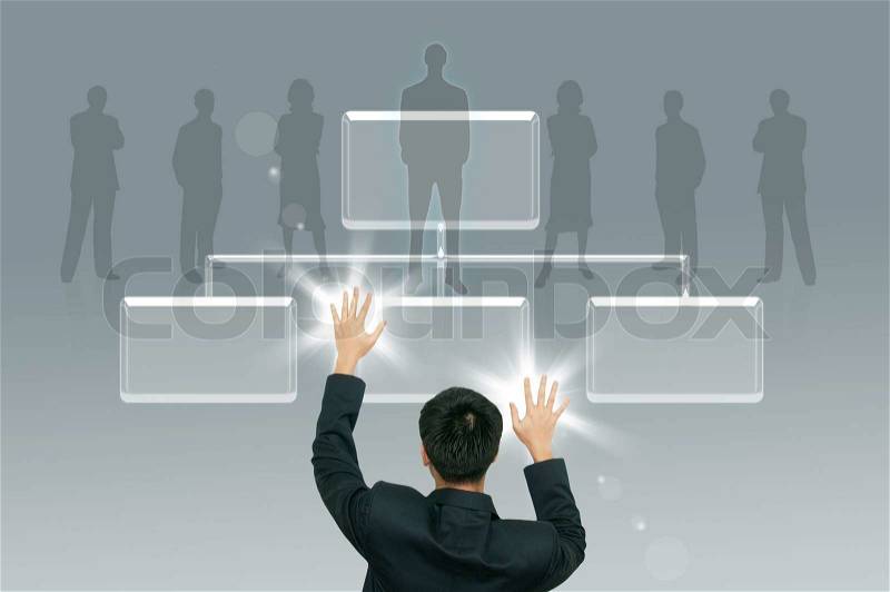 Business man climbing transparent button on the digital screenbackground, career path concept, stock photo