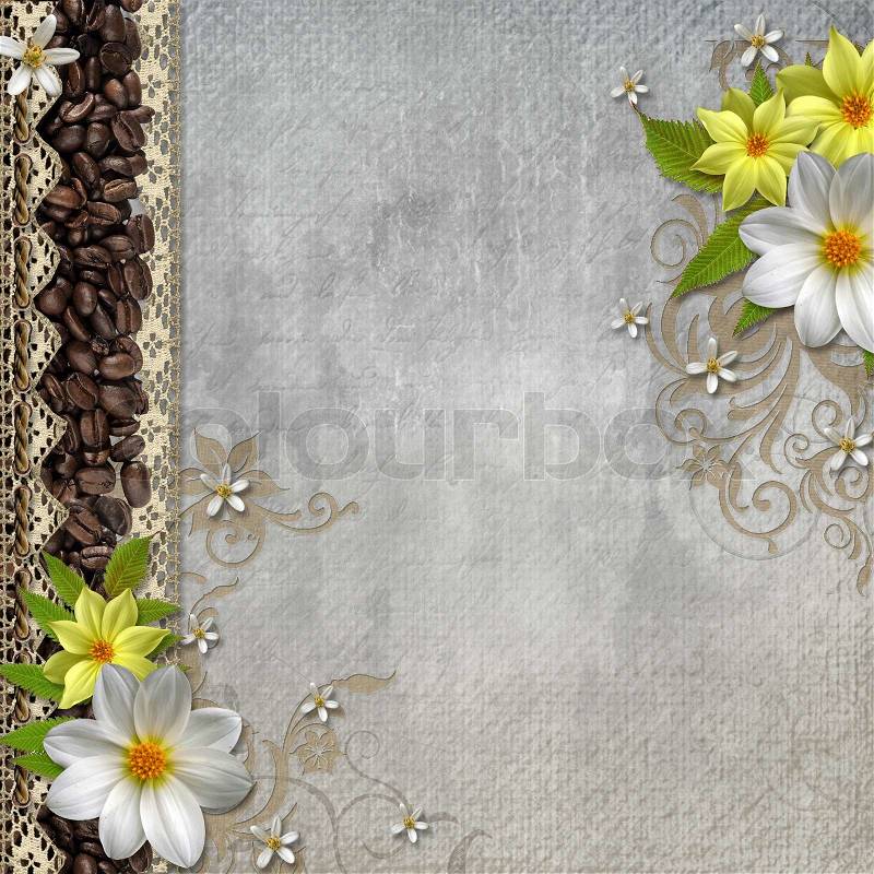 Album cover with flowers, lace and coffee been, stock photo