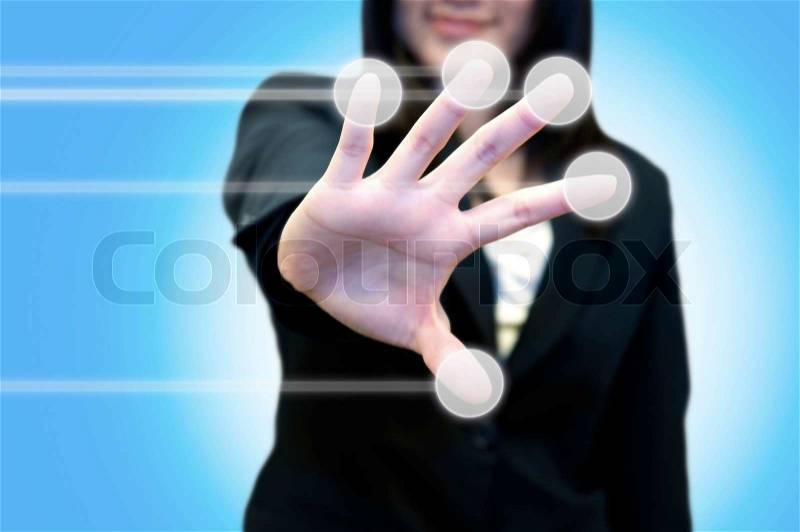 Business woman with hand pointing on touch screen, stock photo