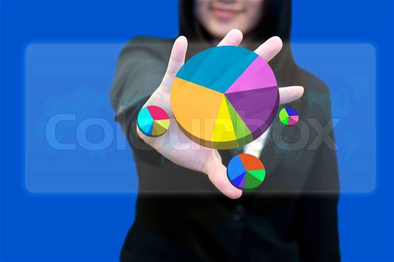 Business woman with hand holding touch screen with pie graph, stock photo