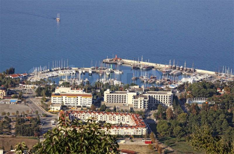 Aerial view of sea port of Kemer city, Antalya province, Turkey, stock photo