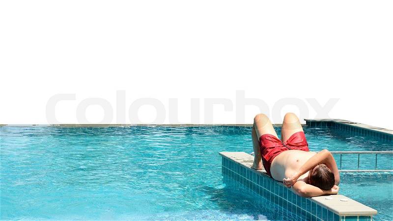 Man sunbathing and swimming pools, stock photo