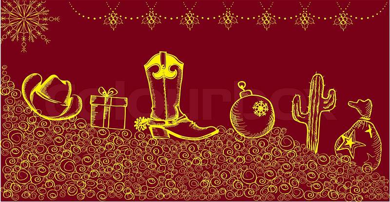 Cowboy christmas card with holiday elements and decoration for design, vector
