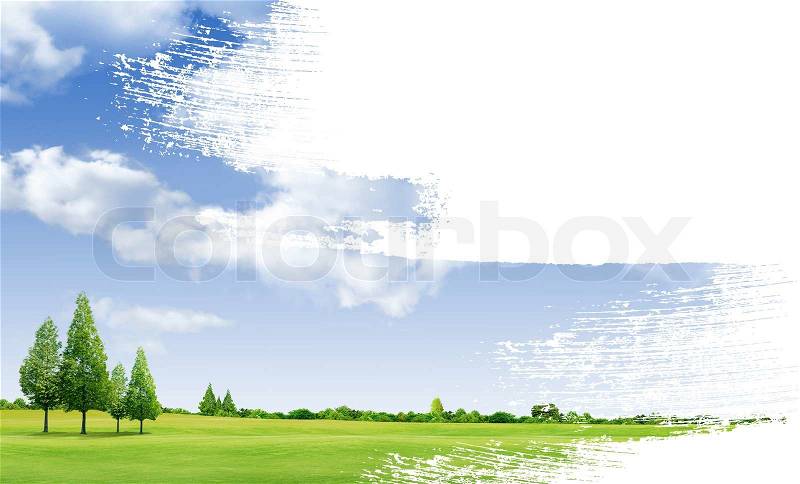 Paint landscape green grass with forrest background, stock photo
