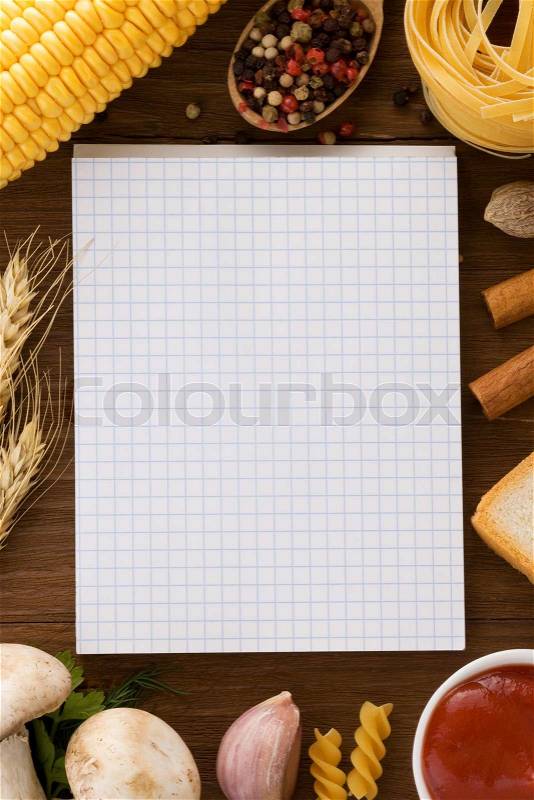 Notebook for cooking recipes, stock photo