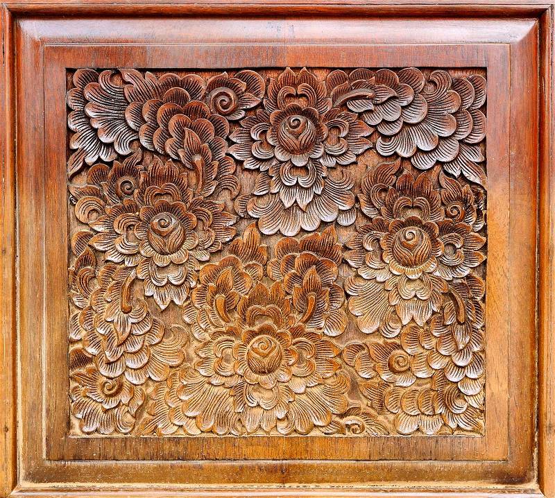 Wood Thai pattern Handmade wood carvings, stock photo