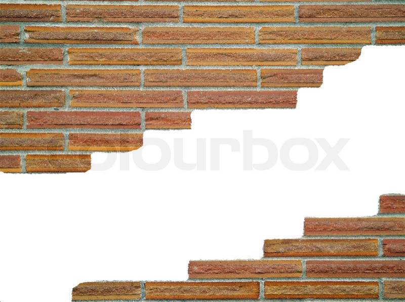 Brick wall background, with large white tear, in various shades of red, orange, brown, tan, and white, stock photo