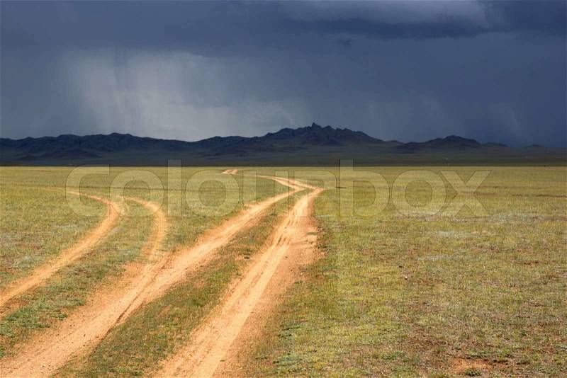 Two desert rural road Mongolia, stock photo