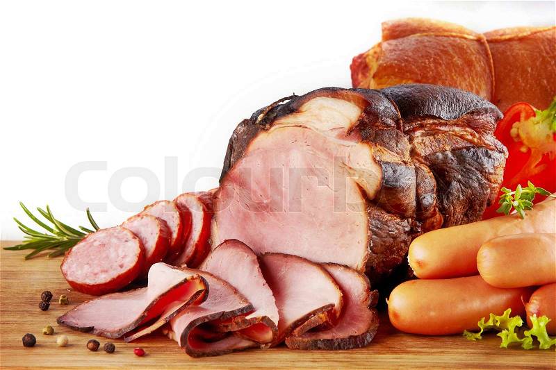Smoked meat and sausages, stock photo
