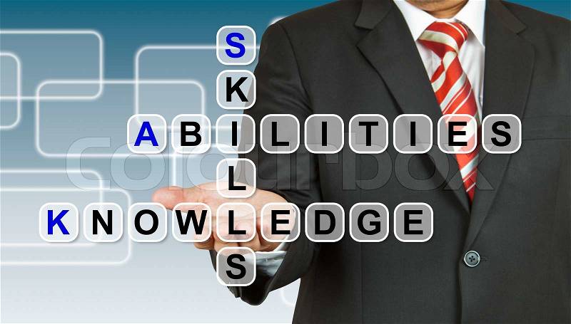 Businessman with wording Skill, Abilities, and Knowledge, stock photo