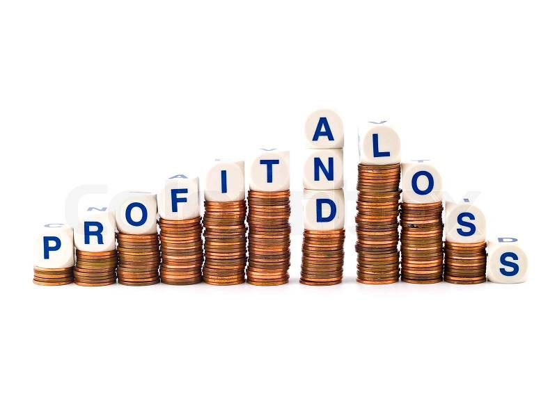 Letter Dice Spelling Profit and Loss atop Penny Stacks, stock photo