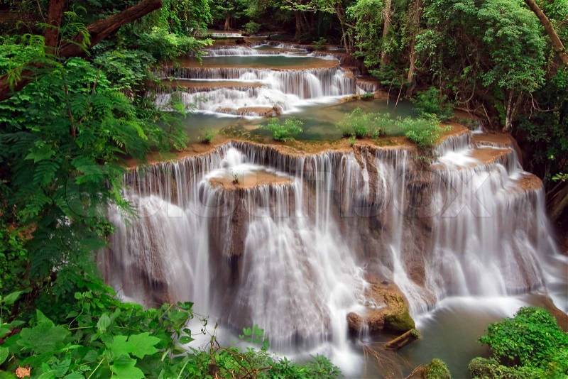 Huay Mae Khamin Waterfall, Paradise waterfall in Tropical rain forest of Thailand, stock photo