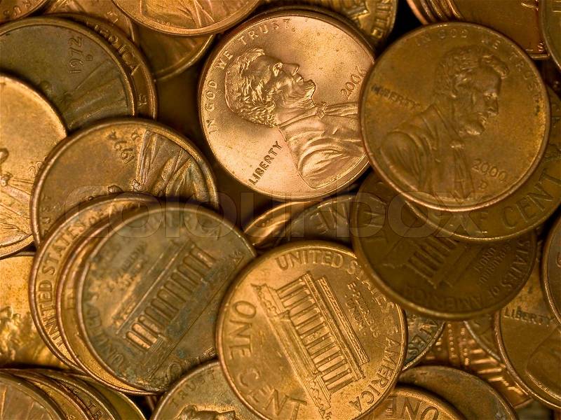 Pile of United States Coins Copper Pennies, stock photo