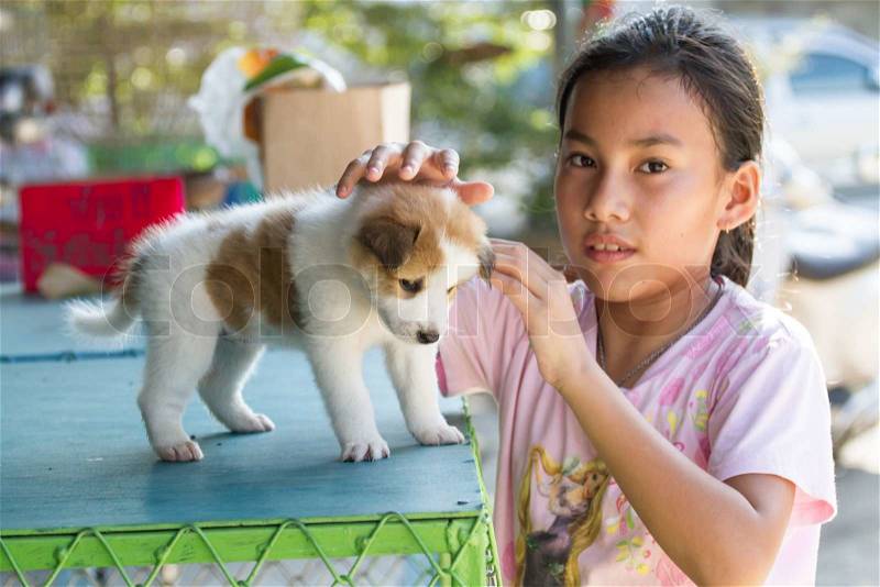 Young Asia girl and Thai puppy dog, stock photo