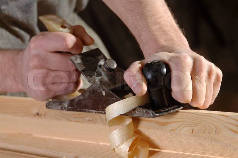 Joinery workshop with wood, stock photo