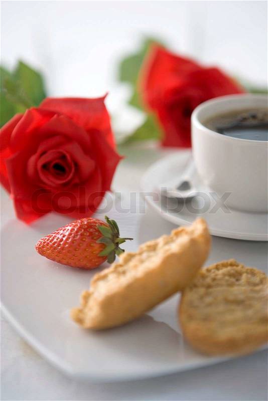 Romantic breakfast with coffee, toast and strawberry, stock photo