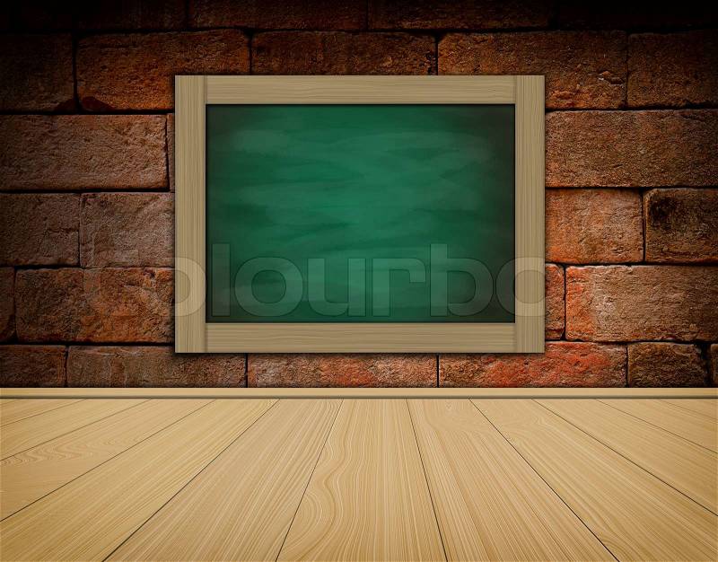 Grunge green chalkboard on old brick wall backgroundand wood floor, stock photo