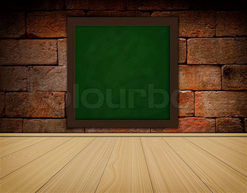 Grunge green chalkboard on old brick wall backgroundand wood floor, stock photo