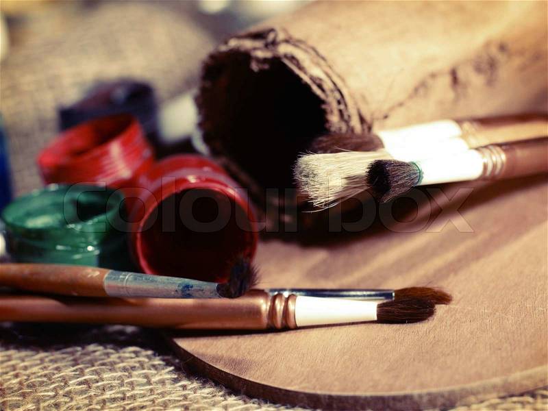 Abstract Art still life with paint and brushes, stock photo