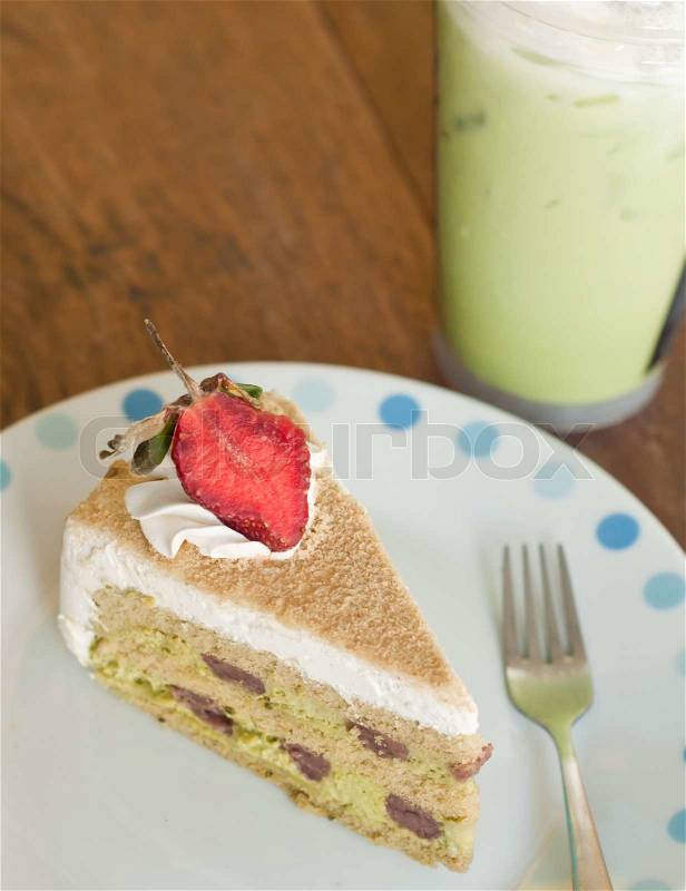 Strawberry cake with green tea, stock photo